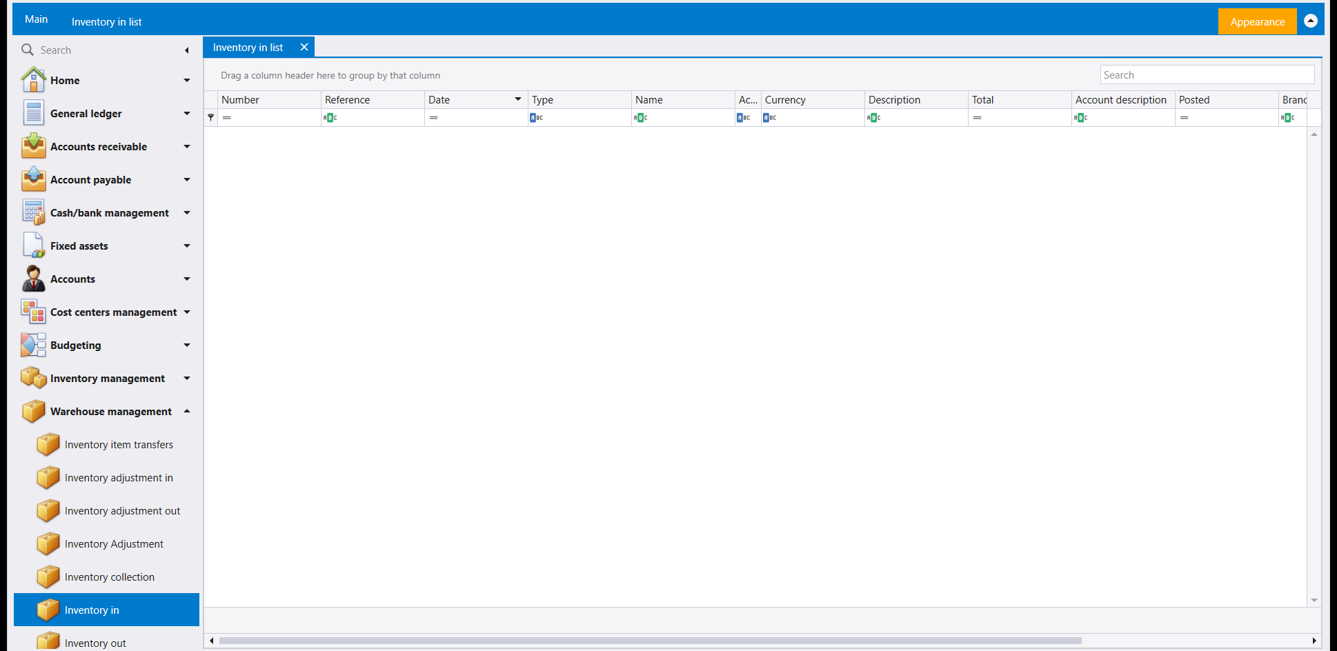 The Inventory in list, empty, with columns Number, Reference, Date, Type, Name, Currency, Description, Total, Account description, Posted and Branch