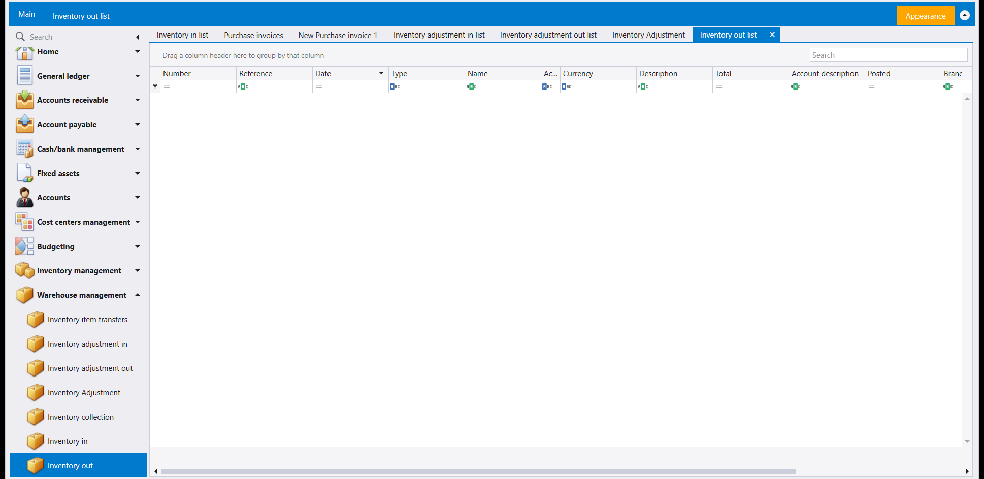 The Inventory out list, empty, with the same columns as the Inventory in list