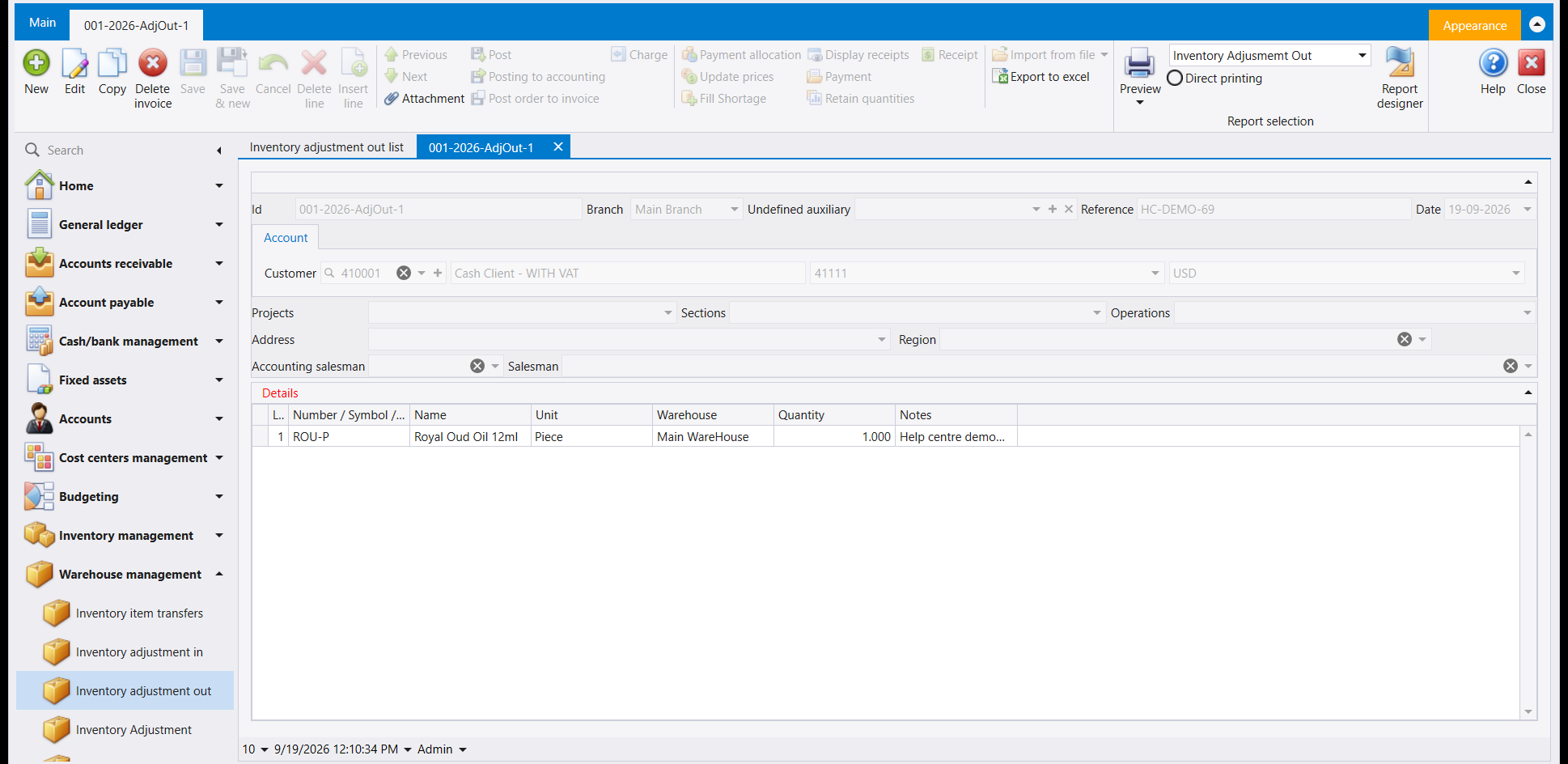 A saved Inventory adjustment out document, number 001-2026-AdjOut-1, Customer 410001 Cash Client - WITH VAT, item Royal Oud Oil 12ml, warehouse Main WareHouse, quantity 1.000