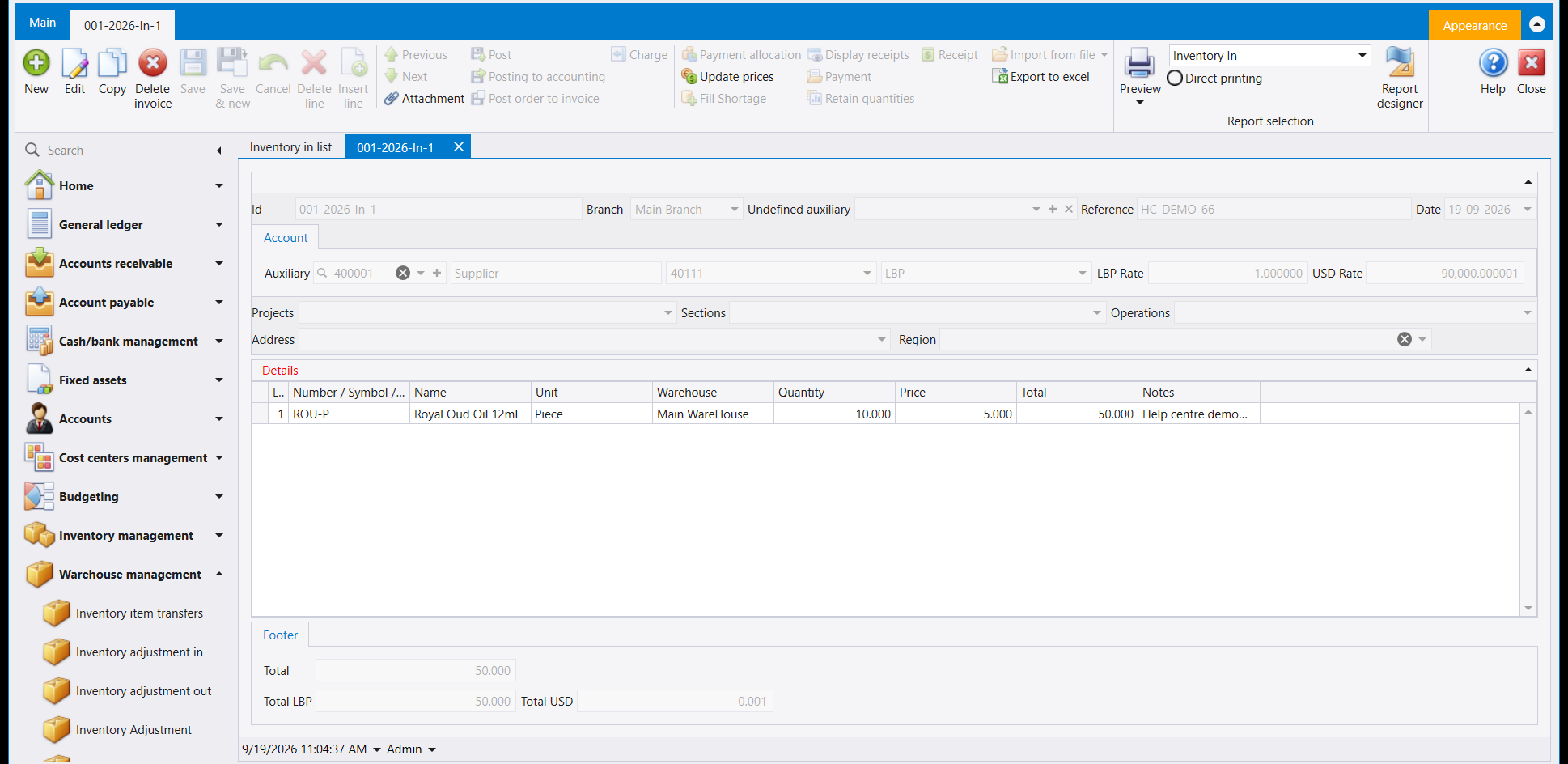 An Inventory in document: the Auxiliary lookup set to 400001 Supplier, account 40111 and currency LBP beside it, item Royal Oud Oil 12ml, warehouse Main WareHouse, quantity 10.000 at price 5.000, footer Total 50.000