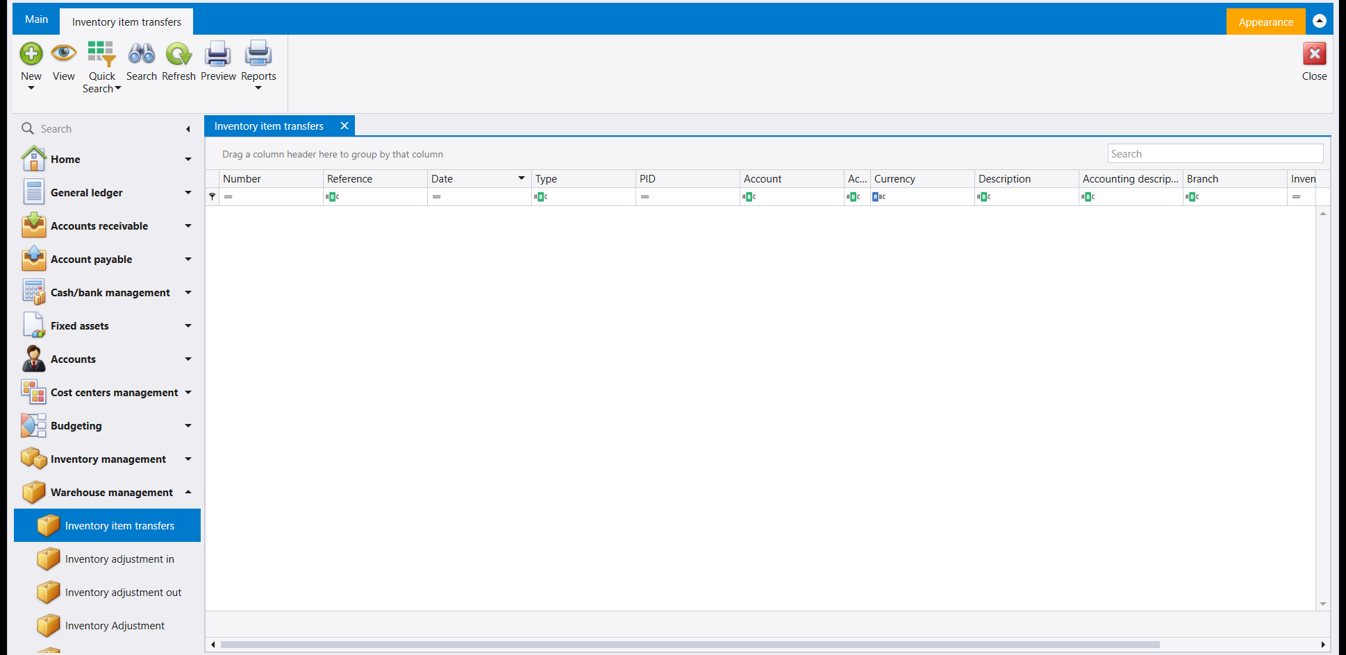 The Inventory item transfers list, empty, with a ribbon carrying New, View, Quick Search, Search, Refresh, Preview, Reports and Close, and columns Number, Reference, Date, Type, PID, Account, Currency, Description, Accounting description and Branch