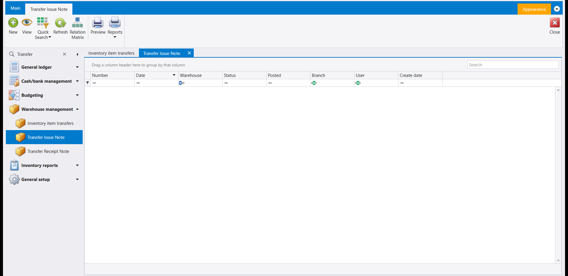 The Transfer Issue Note list, empty, with a ribbon carrying New, View, Quick Search, Refresh, Relation Matrix, Preview, Reports and Close, and columns Number, Date, Warehouse, Status, Posted, Branch, User and Create date