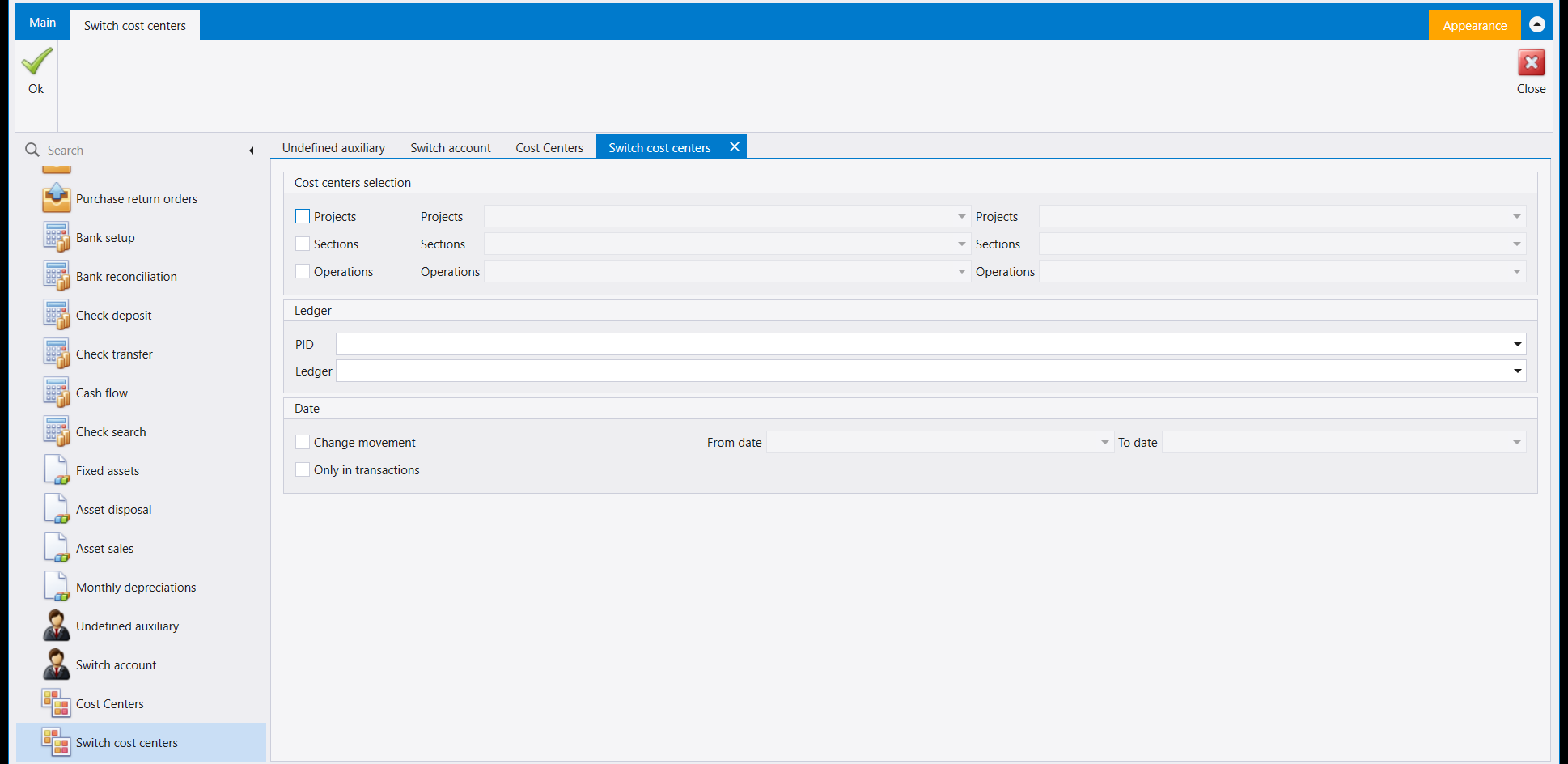 The Switch cost centers screen: a Cost centers selection panel with checkboxes for Projects, Sections and Operations, each with a from and a to selector; a Ledger panel with PID and Ledger; and a Date panel with Change movement, From date, To date and Only in transactions. The ribbon holds Ok and Close