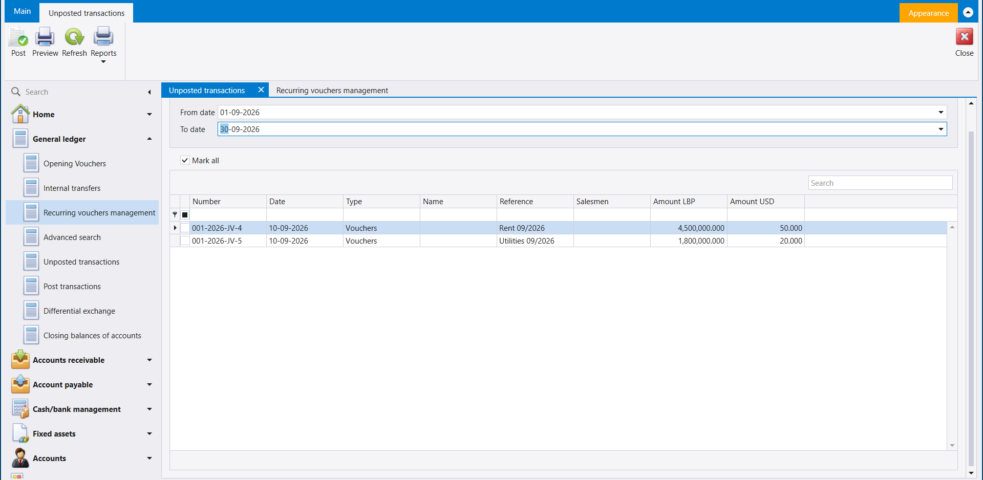 General ledger with Unposted transactions and Post transactions on the menu, and two vouchers waiting in the list