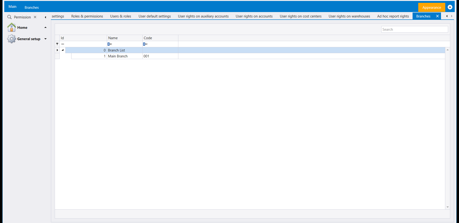 Branches: a Branch List root over one row per branch, with Id, Name and Code
