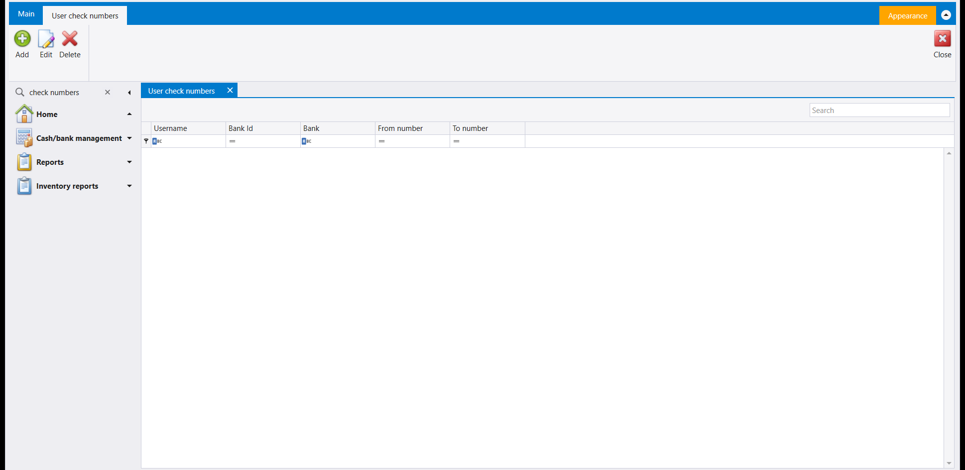 User check numbers: Username, Bank Id, Bank, From number and To number columns