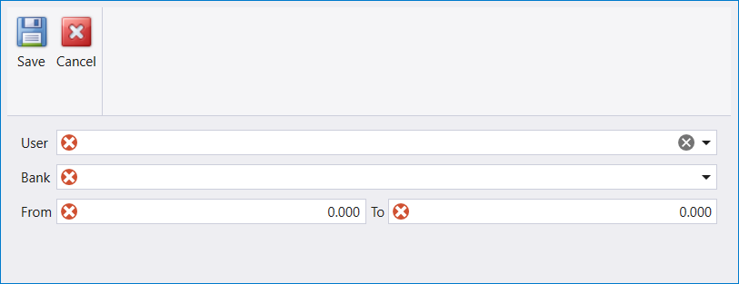 Adding a range: User, Bank, and From and To numbers, each marked as required