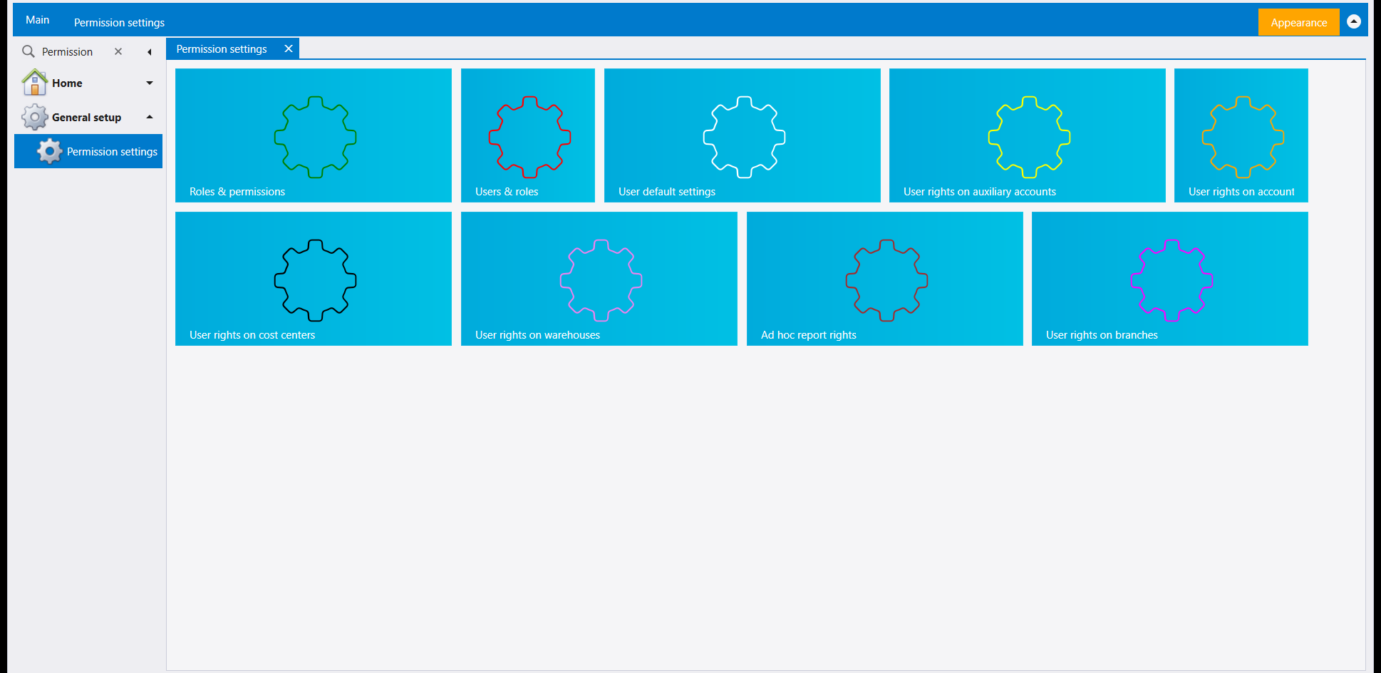 The Permission settings hub: nine tiles for roles, users, defaults and six kinds of rights