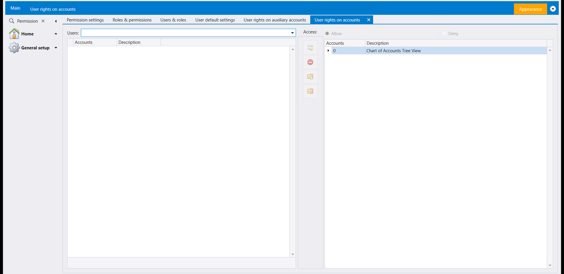 User rights on accounts: pick a user, Allow or Deny, against the chart of accounts tree