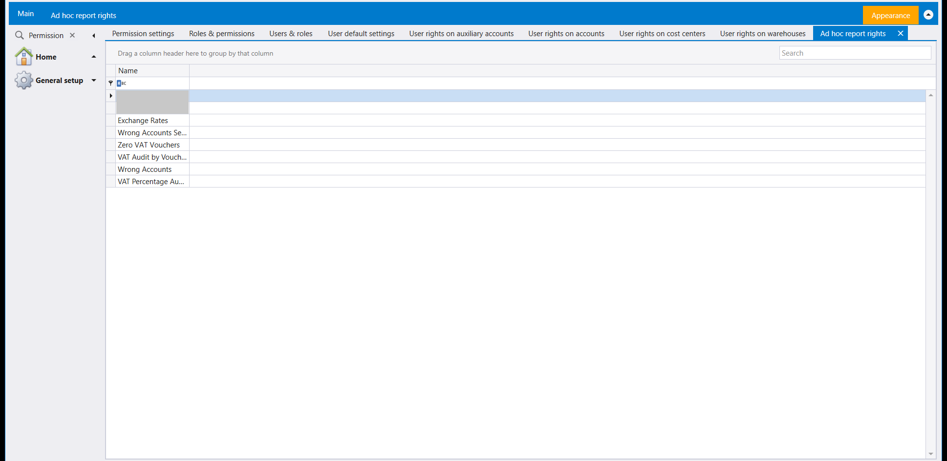 Ad hoc report rights listing the ready-made ad hoc reports by Name: Exchange Rates, Wrong Accounts Serials, Zero VAT Vouchers, VAT Audit by Voucher, Wrong Accounts and VAT Percentage Audit