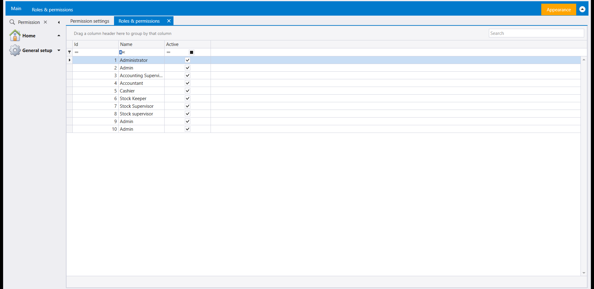 Roles & permissions: every role, its Id and whether it is active
