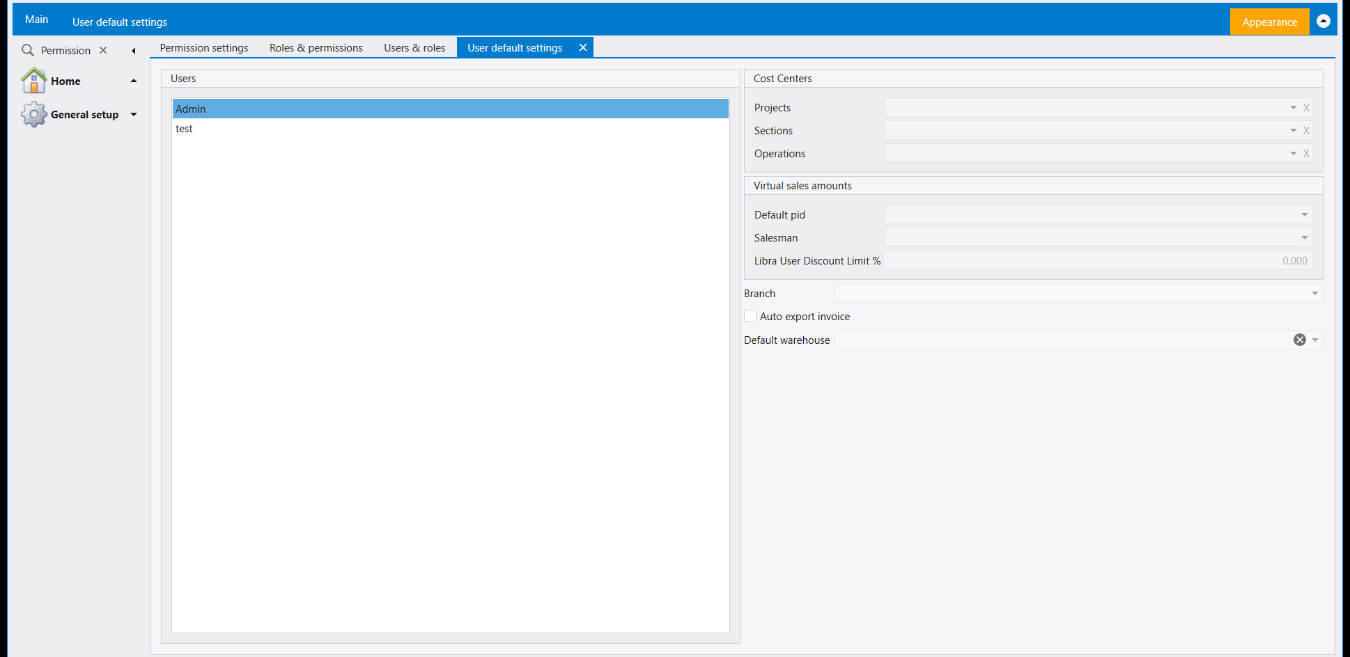 User default settings: pick a user, its cost centres, sales defaults, branch and warehouse fill in