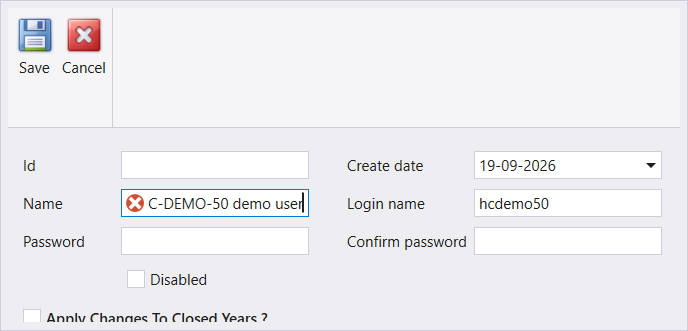 A filled login name and name - Password is still the one field left blank