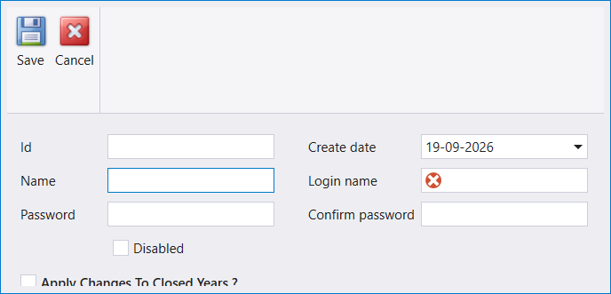 A new user: Id, Name, Password, Disabled, Create date, Login name, Confirm password