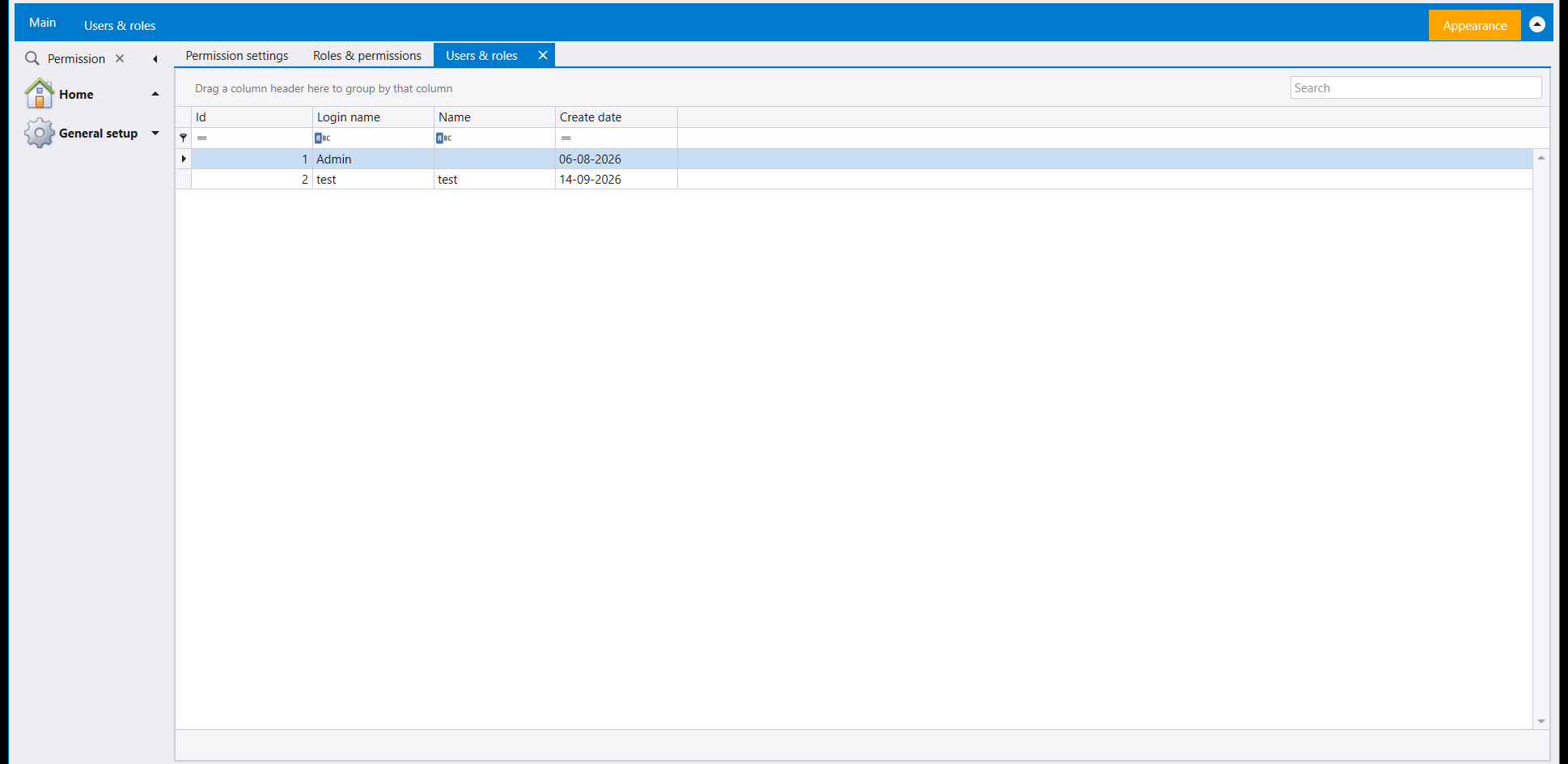 Users & roles: every login, its name and when it was created