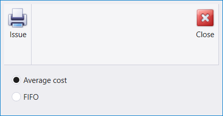 The Inventory closing window: Issue and Close in its ribbon, and two options below it - Average cost, which is selected, and FIFO