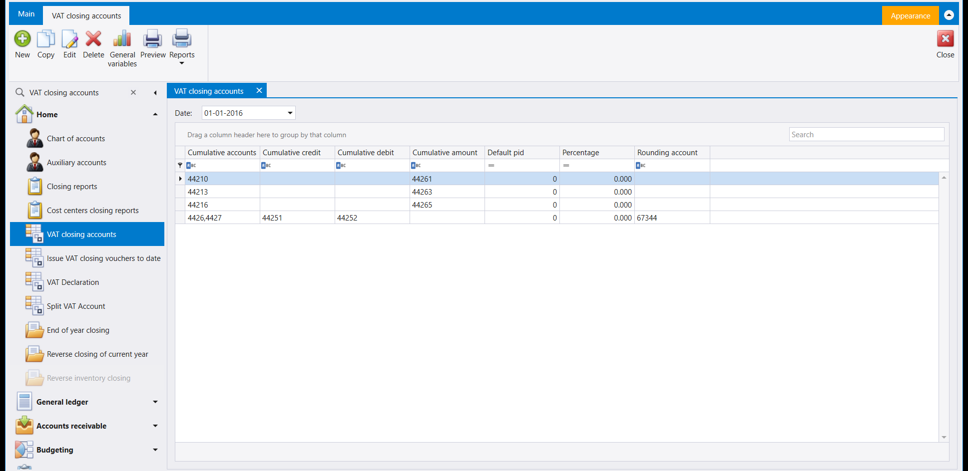 The VAT closing accounts screen: a Date box reading 01-01-2016 and a grid with columns Cumulative accounts, Cumulative credit, Cumulative debit, Cumulative amount, Default pid, Percentage and Rounding account, holding four rows