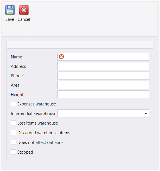 A new warehouse record: Name, Address, Phone, Area and Height, then the Expenses warehouse, Lost items warehouse, Discarded warehouse items, Does not affect onhands and Stopped checkboxes