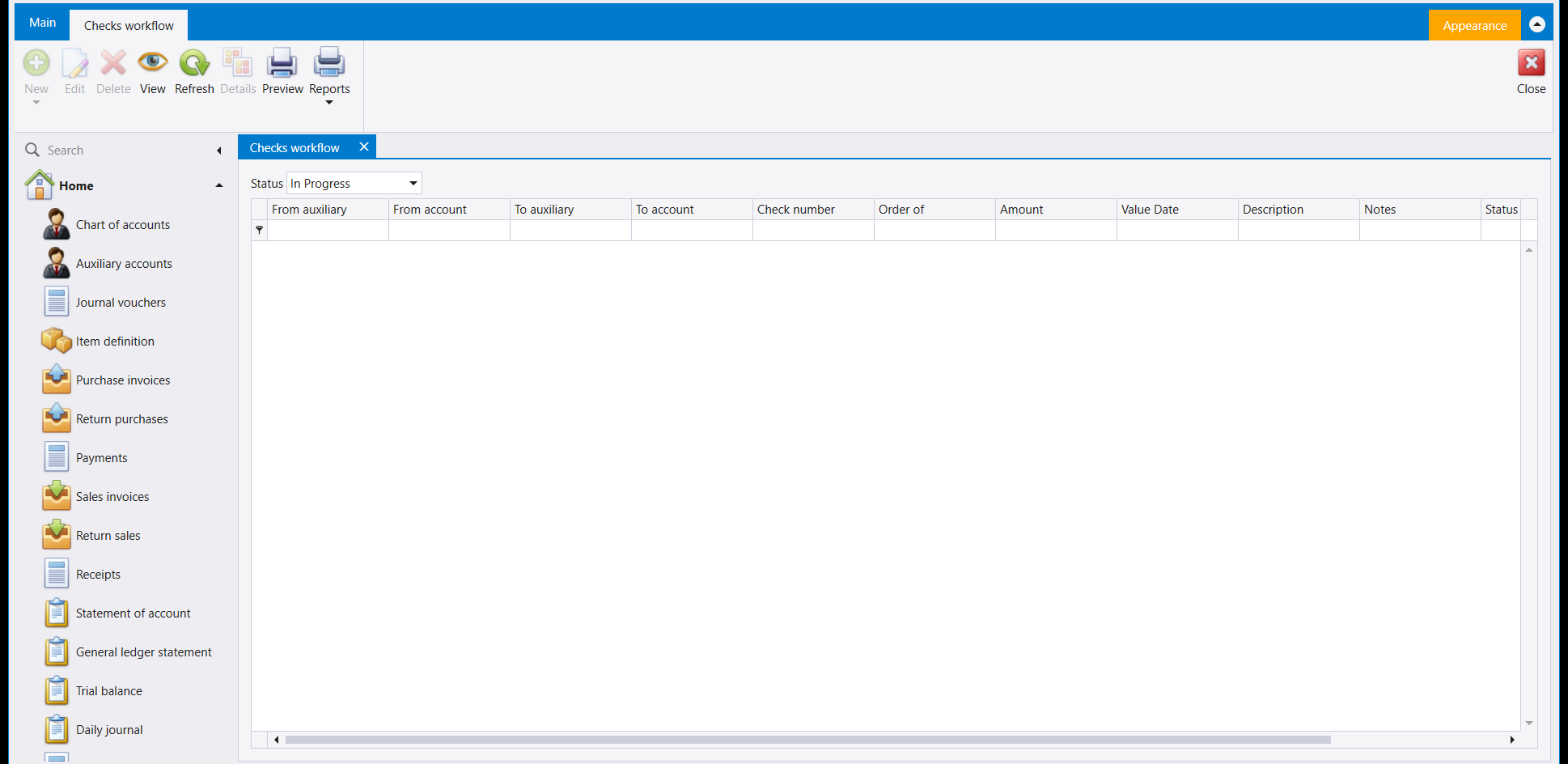 Checks workflow: a check's own approval columns, from account and auxiliary through to status