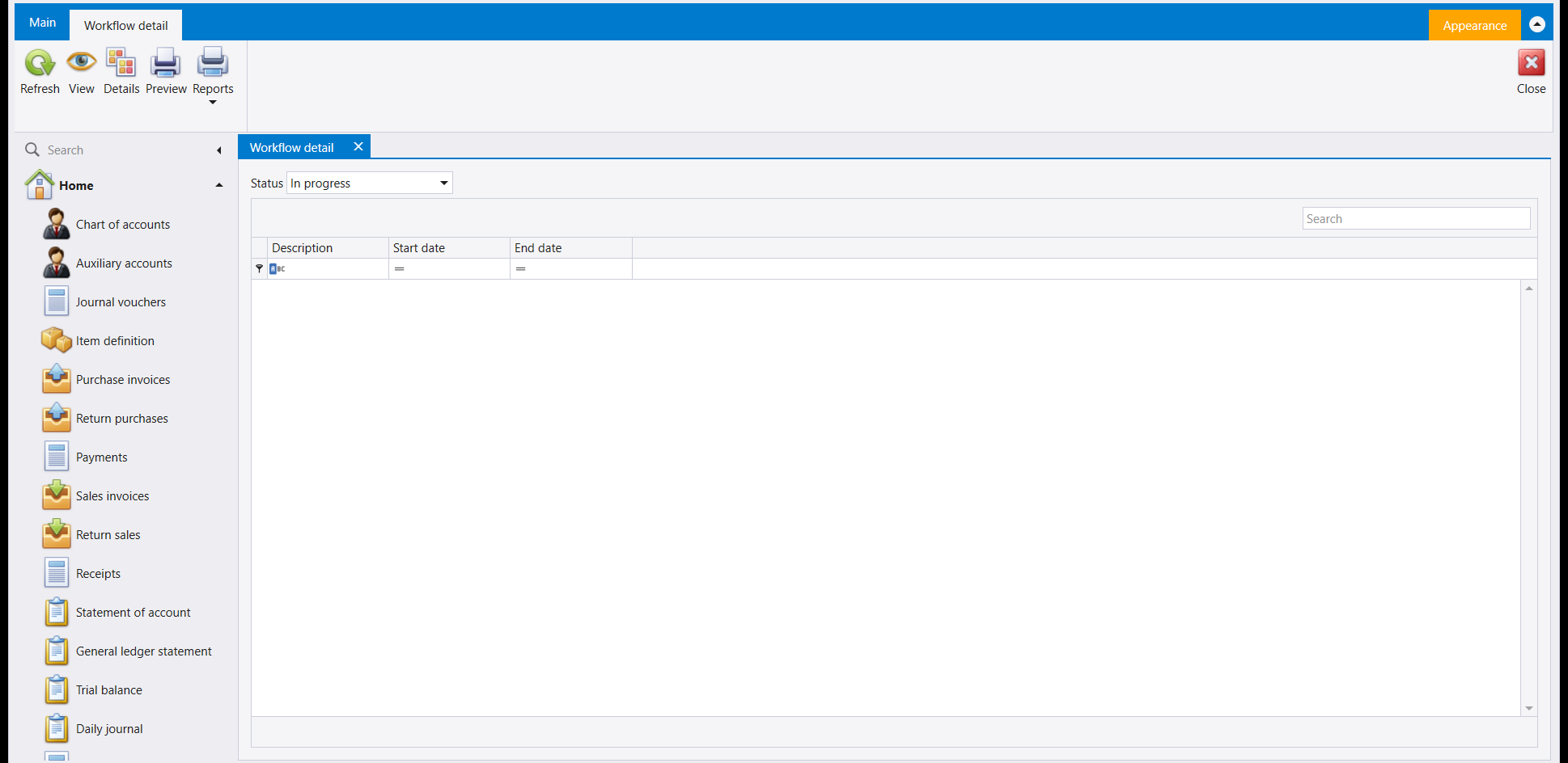 Workflow detail: a Status filter over every approval in progress, by description and date