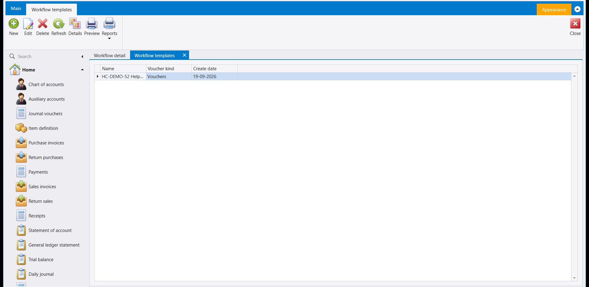 The template list after saving one: its name, the voucher kind it applies to, and the create date