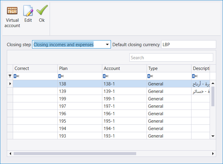 The Closing account window with Closing step set to Closing incomes and expenses, default closing currency LBP, and accounts 138, 139, 199, 197, 196, 195, 194 and 193, none of them marked in the Correct column