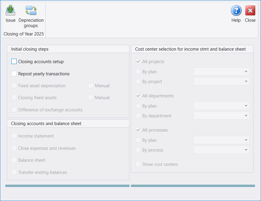 The Closing of Year 2025 screen with every box clear: Closing accounts setup and Repost yearly transactions available, the rest greyed