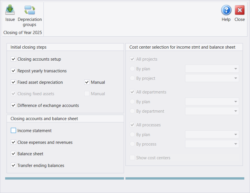The same screen ready to run: Closing accounts setup, Repost yearly transactions, Fixed asset depreciation with Manual, Closing fixed assets, Difference of exchange accounts, Close expenses and revenues, Balance sheet and Transfer ending balances ticked, Income statement clear