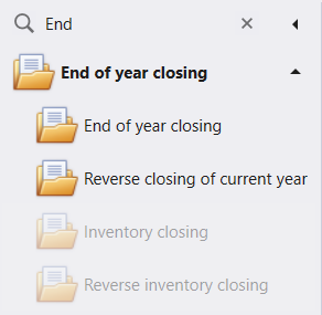 The End of year closing group in the menu, holding End of year closing, Reverse closing of current year, and two greyed entries, Inventory closing and Reverse inventory closing