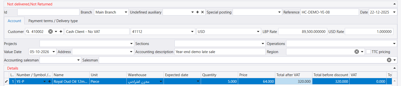 A new sales invoice dated 22-12-2025 for customer 410002, Cash Client - No VAT, in USD at an LBP rate of 89,500, one line of 5 pieces at 64.000, total 320.000