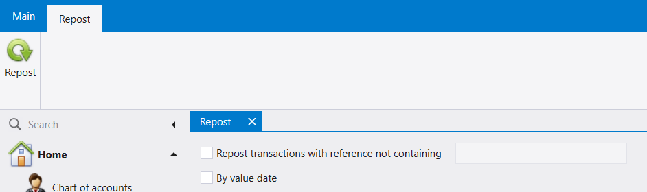 The Repost screen, with a Repost button in its ribbon and two options: Repost transactions with reference not containing, and By value date