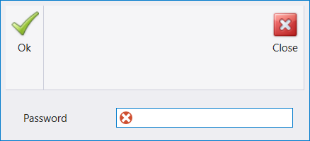 A small window titled Password, with Ok and Close buttons above an empty Password box