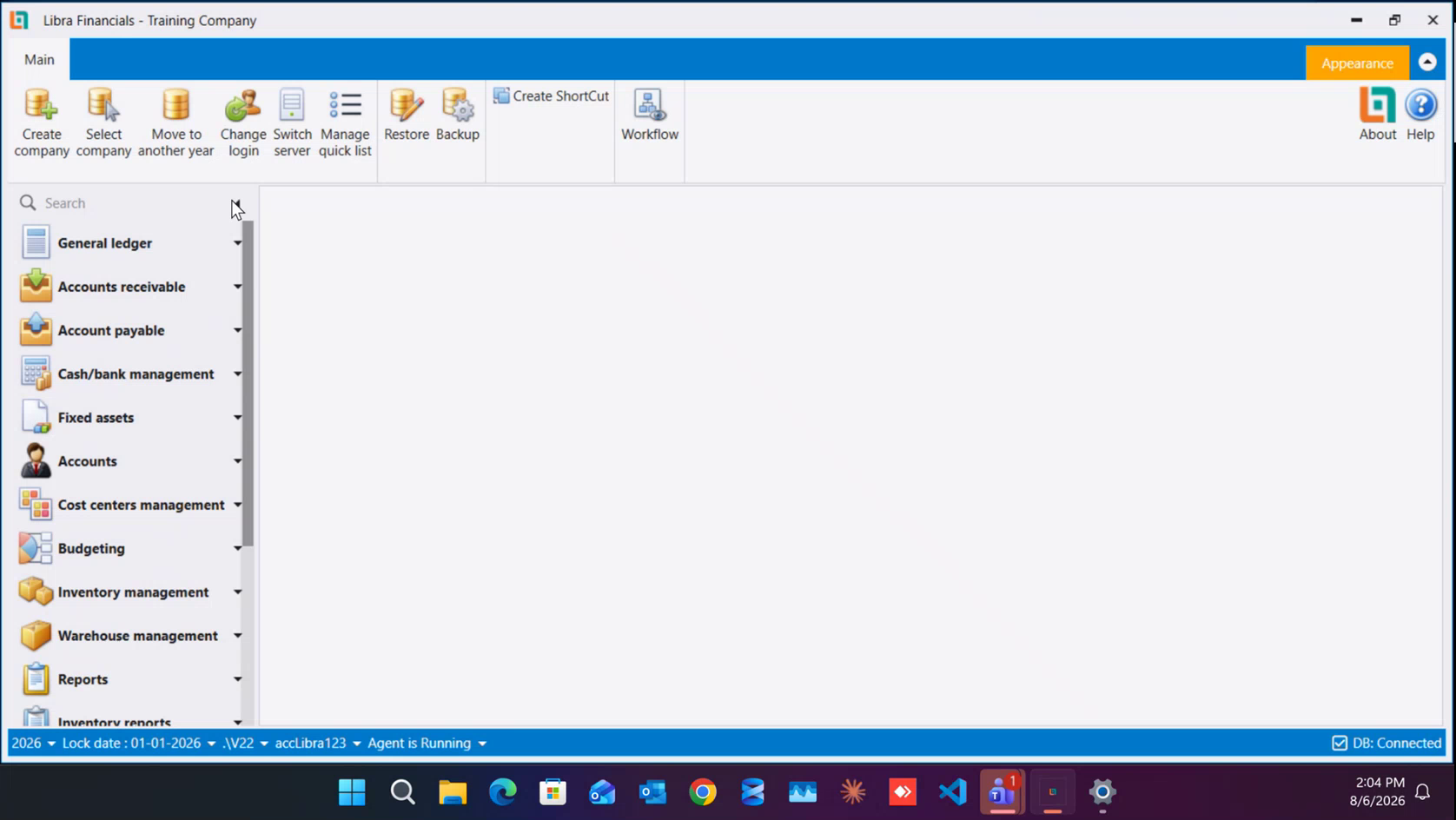 The main screen: ribbon on top, menu on the left, status bar at the bottom