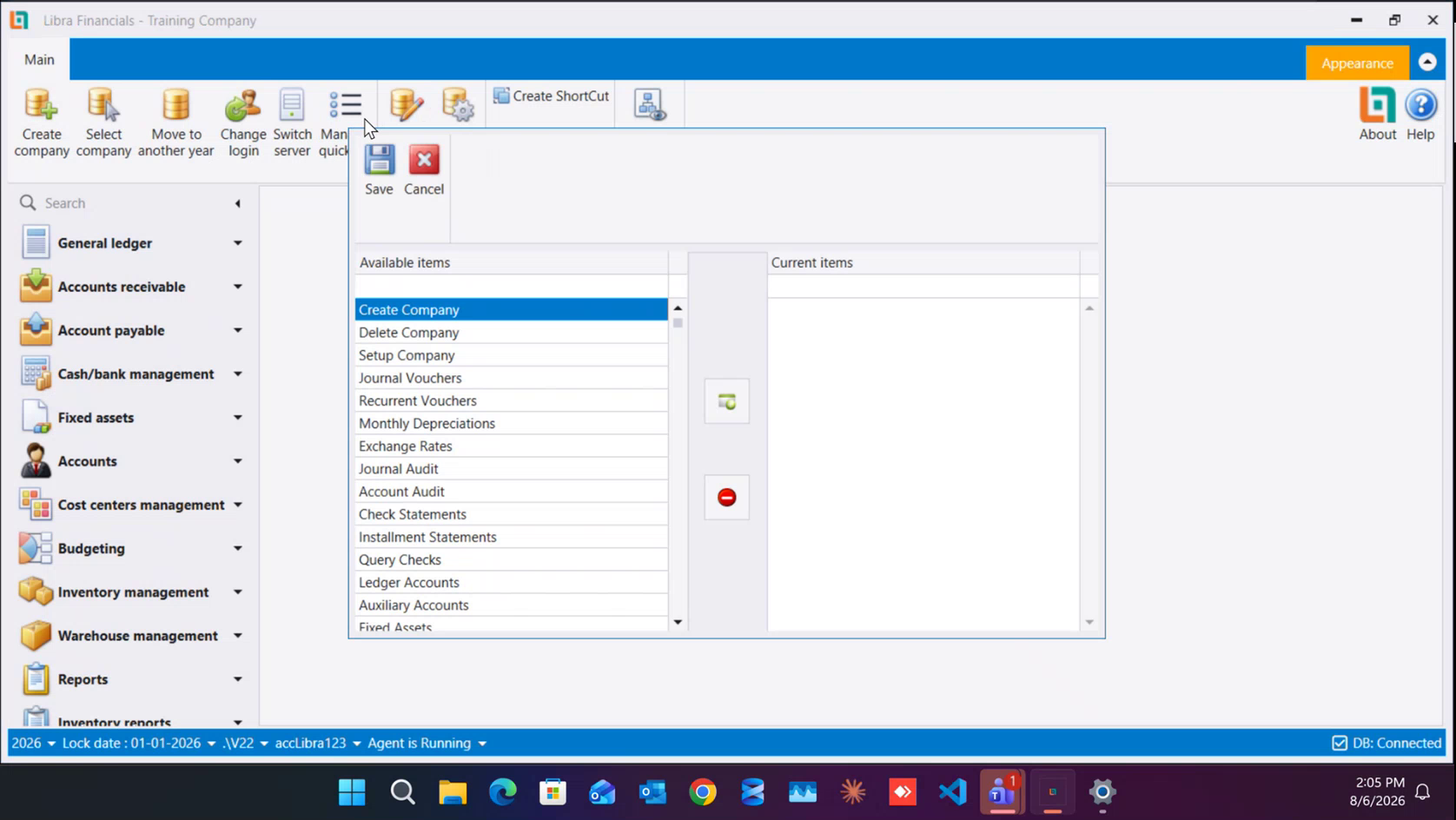 The Manage quick list window: Available items and Current items