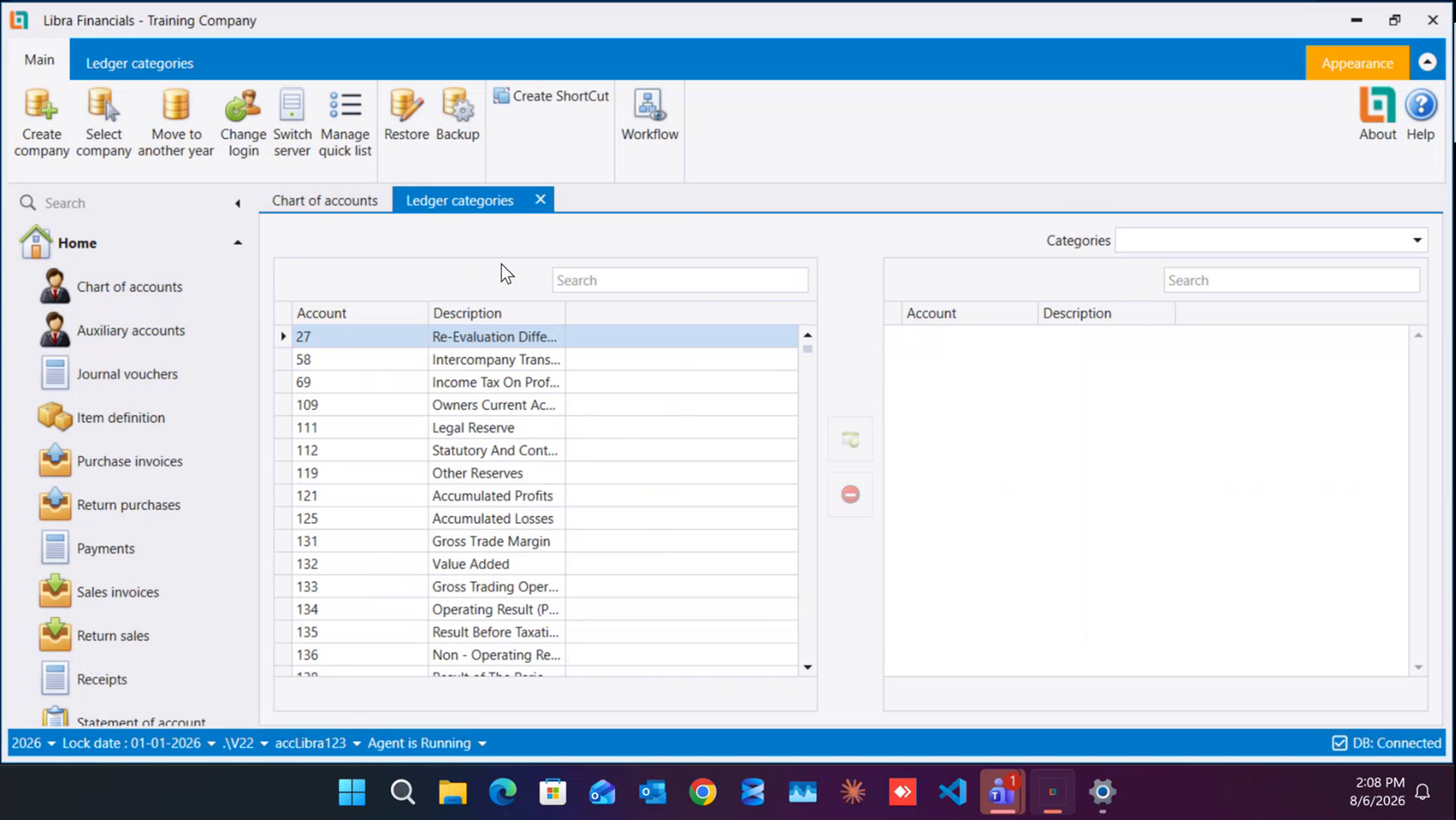 Ledger categories: choose a category, then move accounts into it