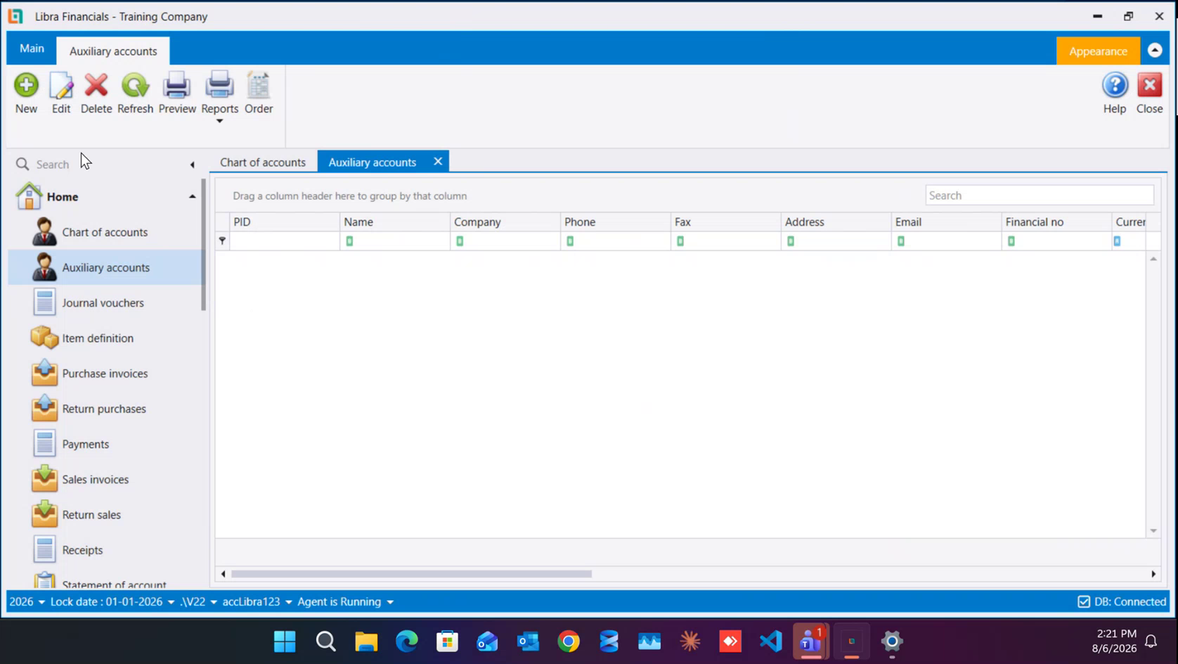 The Auxiliary accounts screen, empty. New / Edit / Delete / Refresh / Preview / Reports / Order in the ribbon