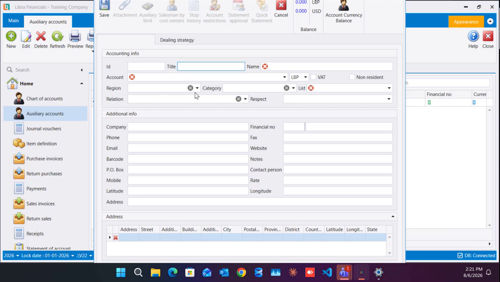 A new, empty auxiliary record. Name, Account and List carry a red marker