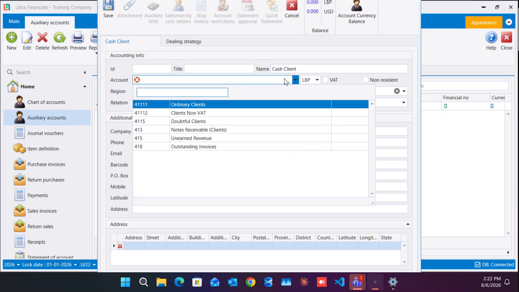 With List set to Clients, the Account dropdown offers only client accounts