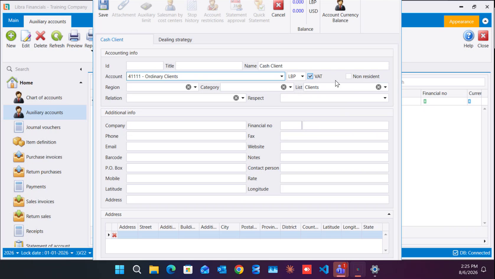 The whole editor: the two tabs, Accounting info, Additional info and the Address grid