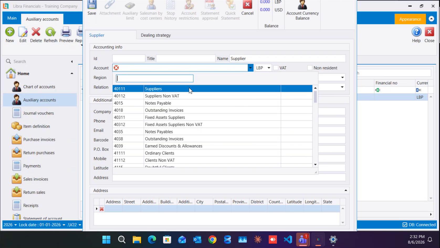 With no List chosen the Account dropdown offers every auxiliary account. The supplier accounts happen to sit at the top