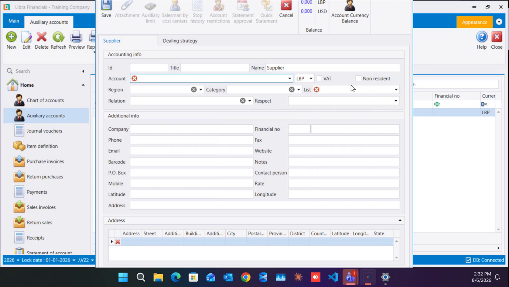 A supplier record started: the name is typed, but Account and List are still flagged as missing