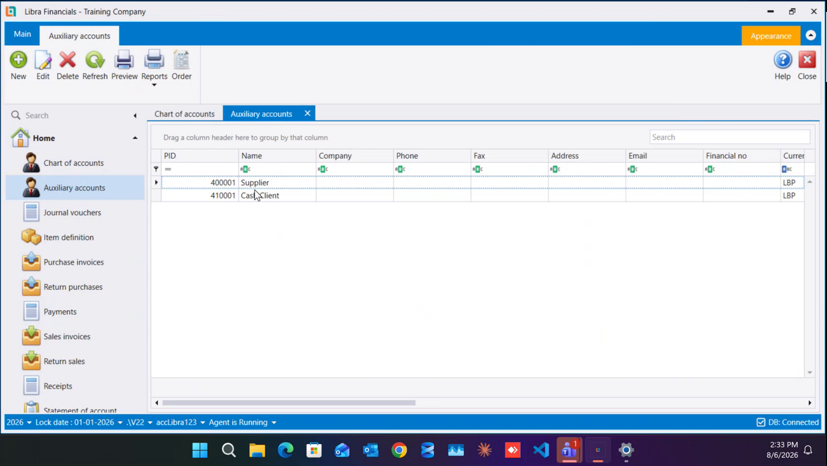 The auxiliary list holding a supplier (400001) and a client (410001) together
