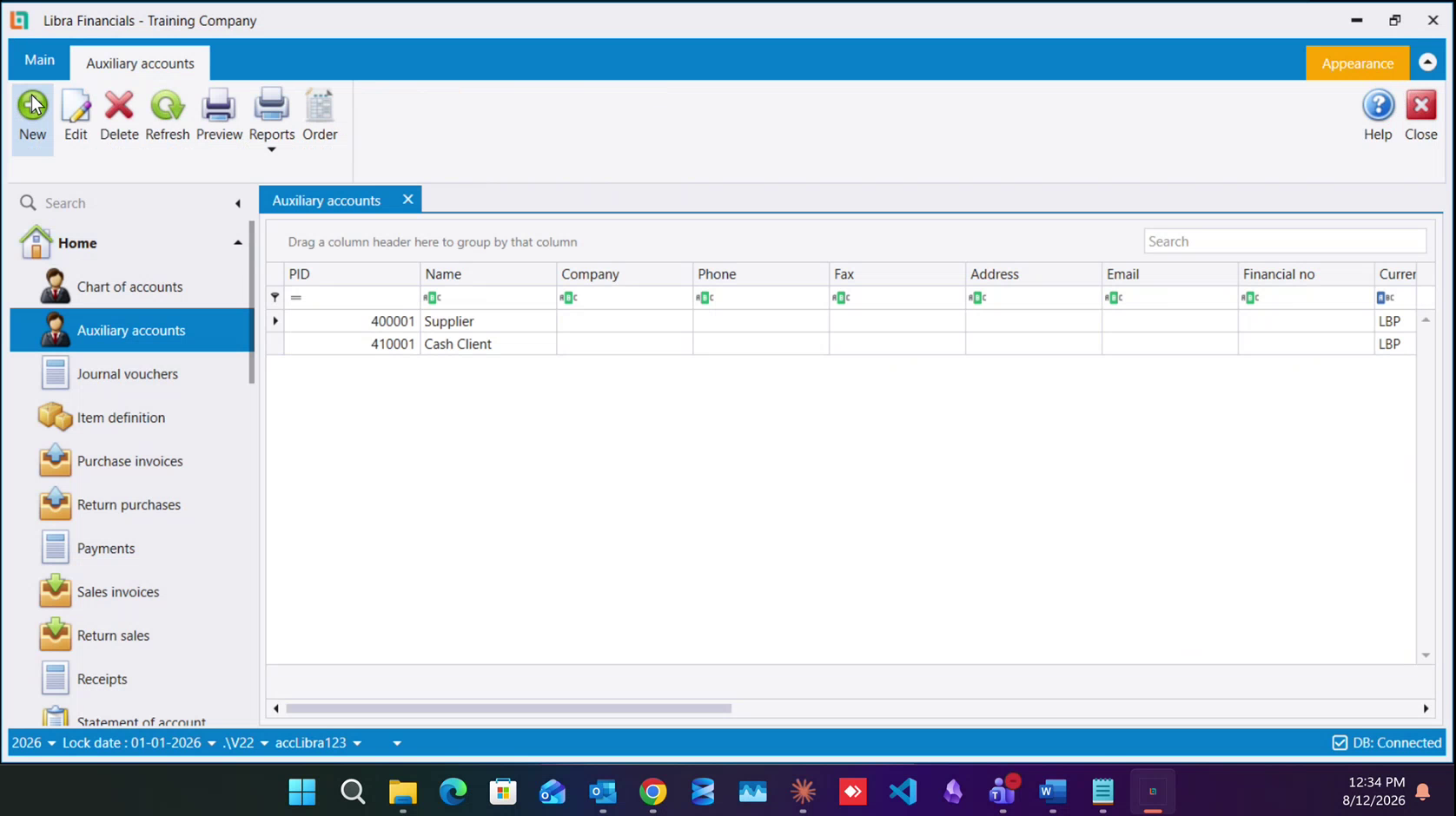 The Auxiliary accounts list, with New in the ribbon about to be clicked