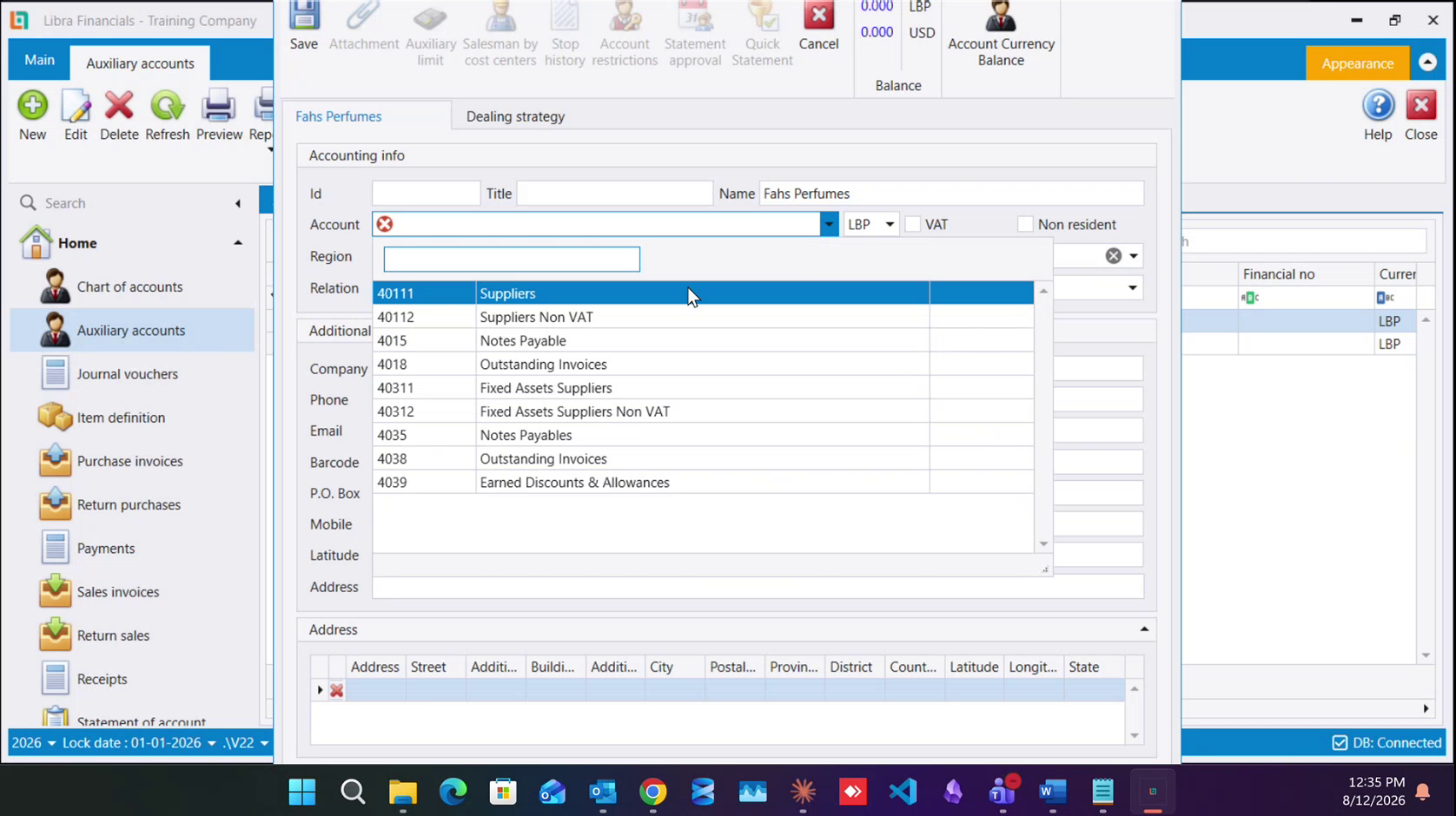 The Account dropdown, filtered by List to the supplier accounts