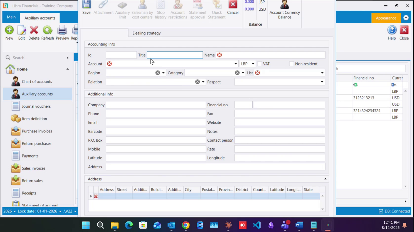 A blank supplier record: Account, currency, the VAT and Non resident boxes, and the Financial no pair in Additional info