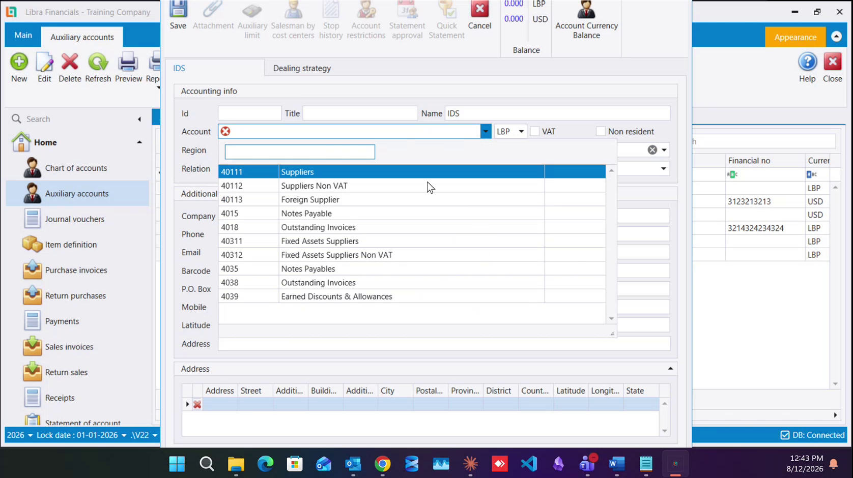 The IDS record with the Account picker open on the shipped supplier list: 40111 / 40112, 40113 Foreign Supplier, and the fixed-asset pair 40311 / 40312