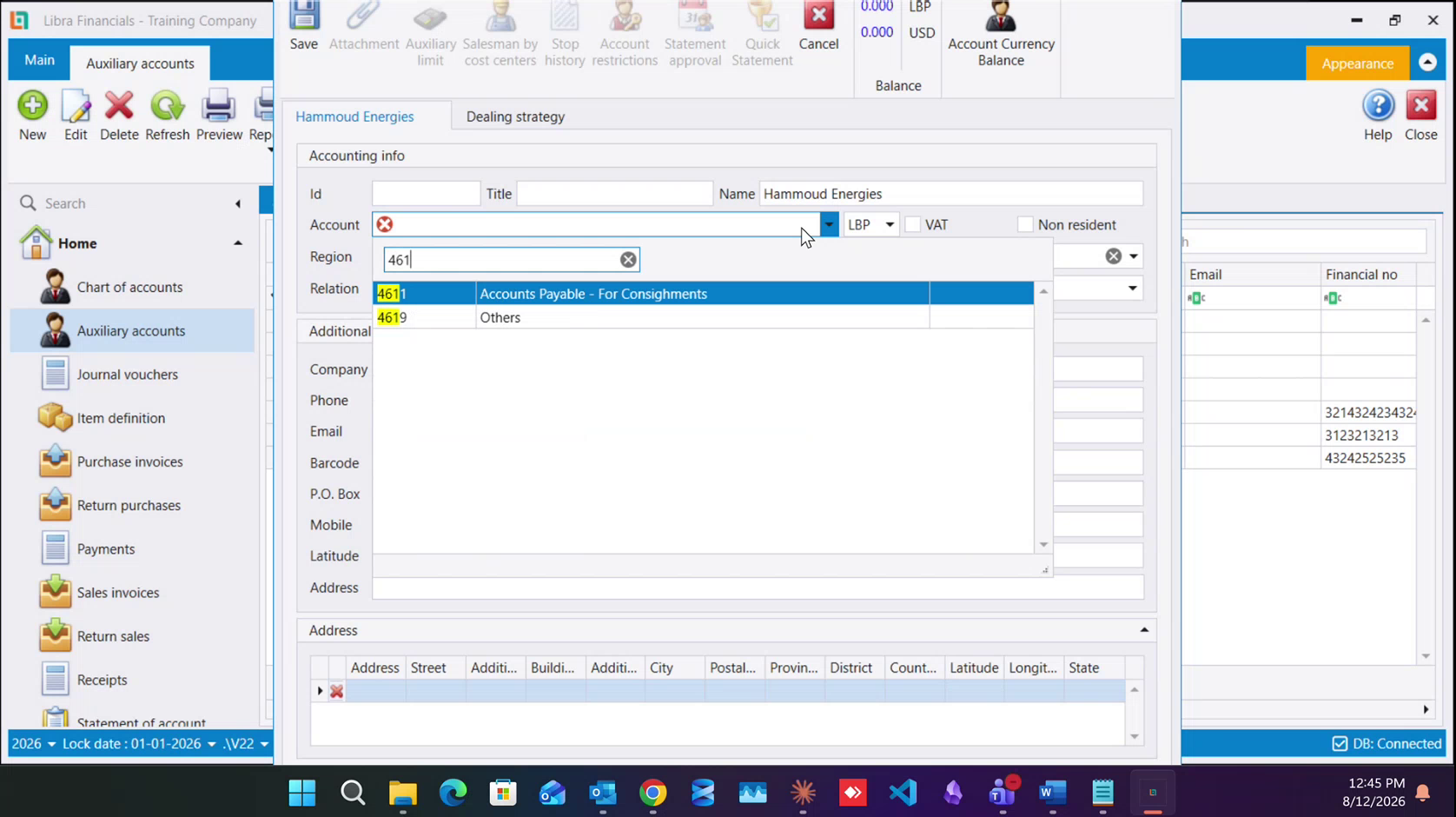 Typing 461 into the Account picker on a new record: 4611 Accounts Payable - For Consignments and 4619 Others