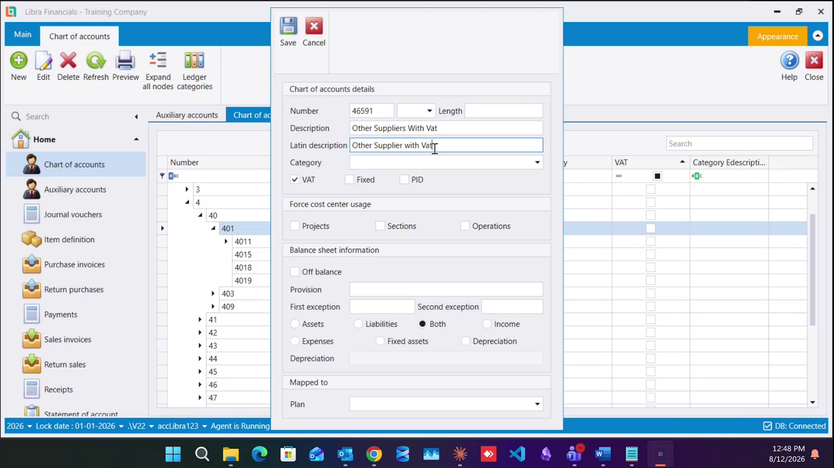 The Chart of accounts details form creating 46591: Number, Description, Latin description, the VAT box ticked, and Both selected under Balance sheet information