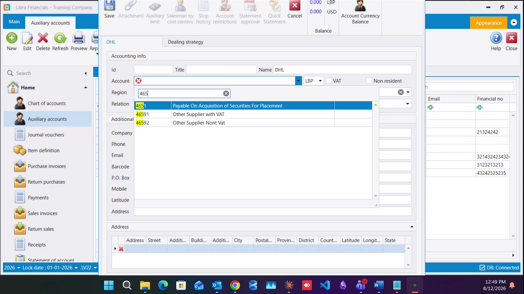 Typing 465 into the Account picker: 46591 Other Supplier with VAT and 46592 Other Supplier Nont Vat