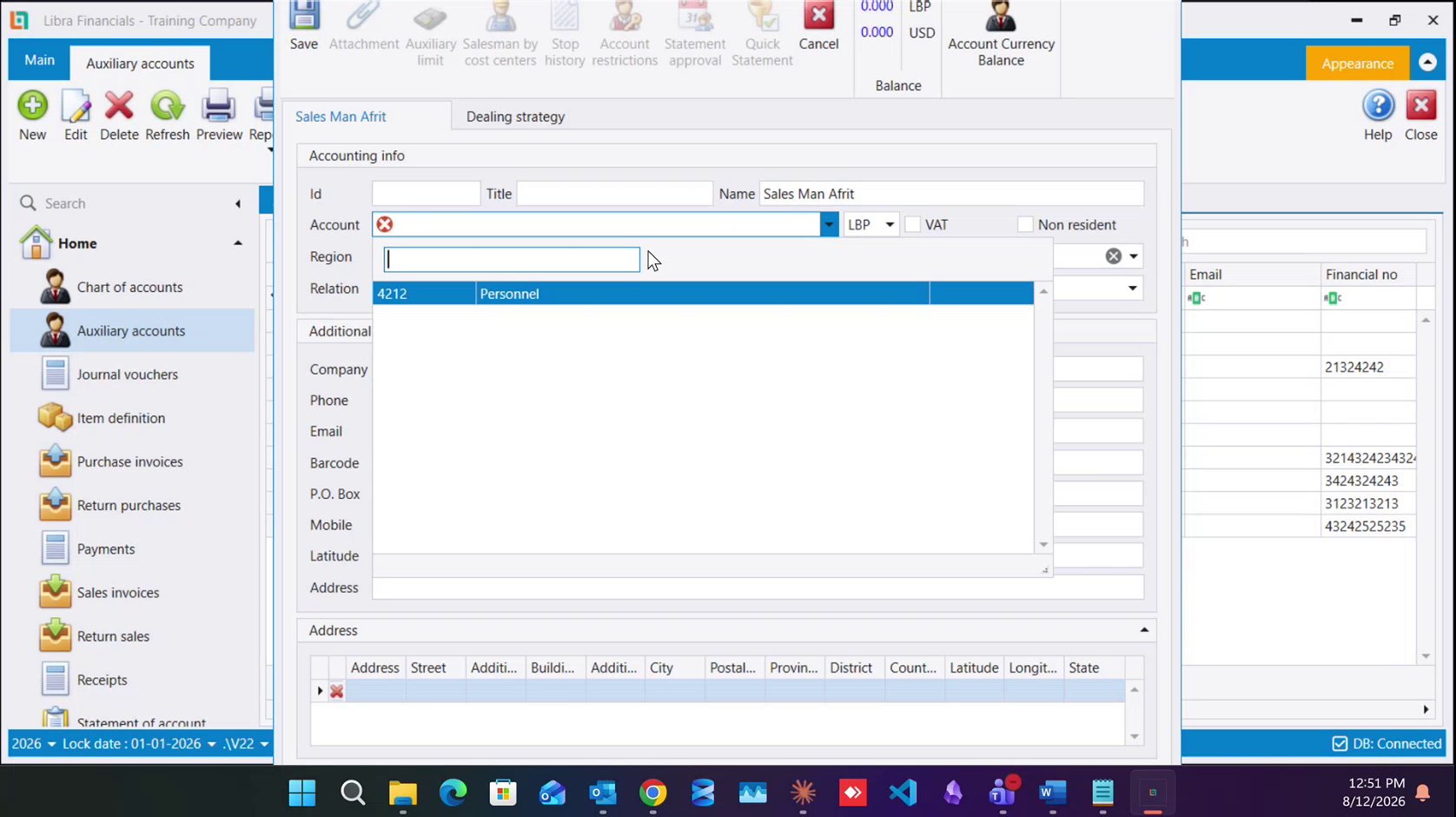 With the employee list chosen, the account picker offers one account only: 4212 Personnel